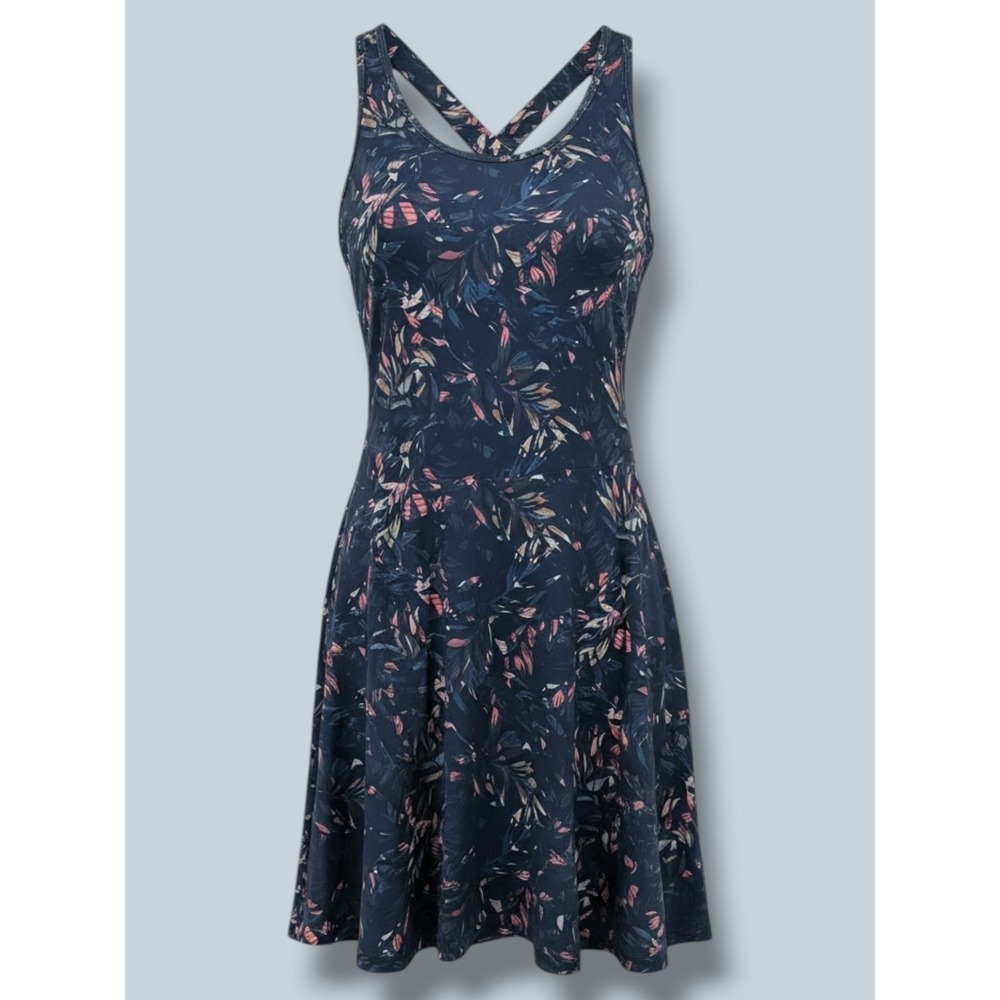 Kyodan Tropical Leaf Active Dress Built-in Bra Navy Pink Large Tennis Core